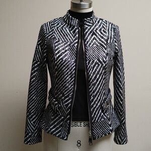 Frank Lyman Black & White with Silver Double Zipper Fitted Jacket 4